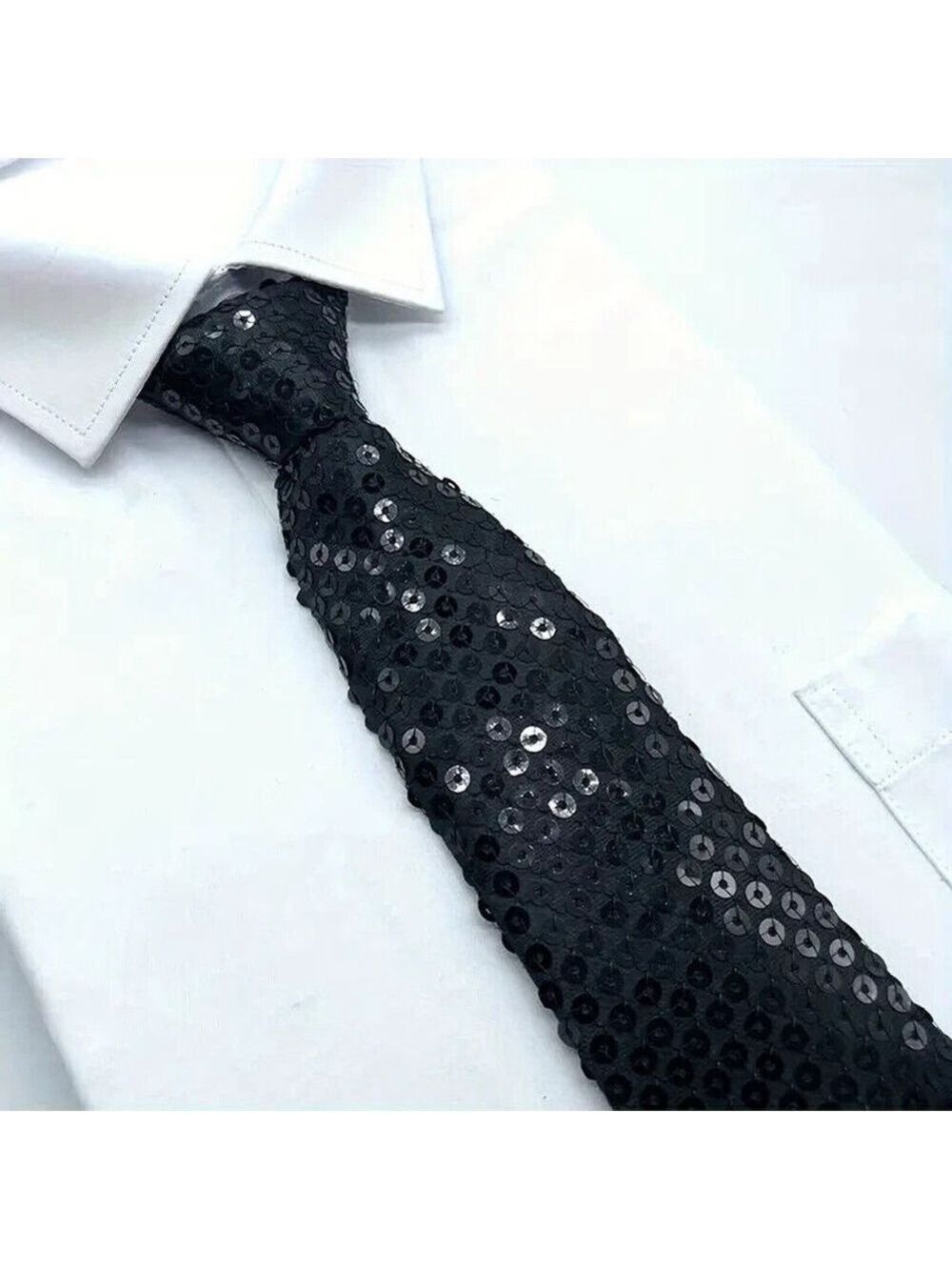Black Sequin Party Tie – Adjustable Clip-On, 13.8in, Polyester Glitter Tie